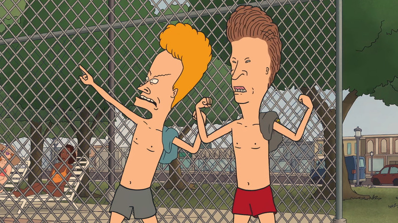 Beavis and Butt-Head flex by a pool in Beavis and Butt-Head