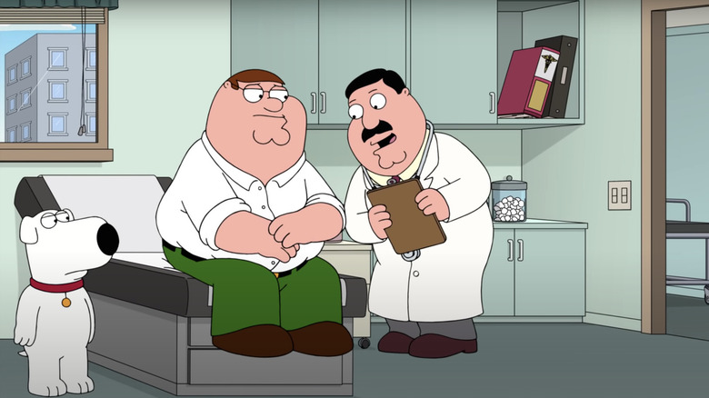 Peter Griffin sits in a doctor's office as Brian Griffin watches in Family Guy