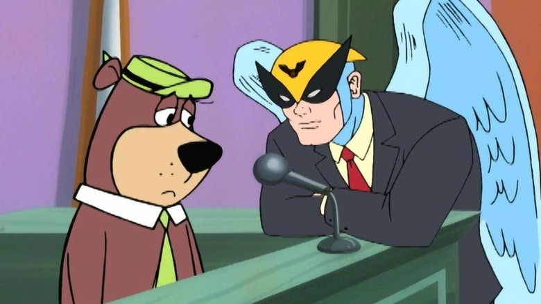 Harvey Birdman sits next to a forlorn Yogi Bear in Harvey Birdman, Attorney at Law