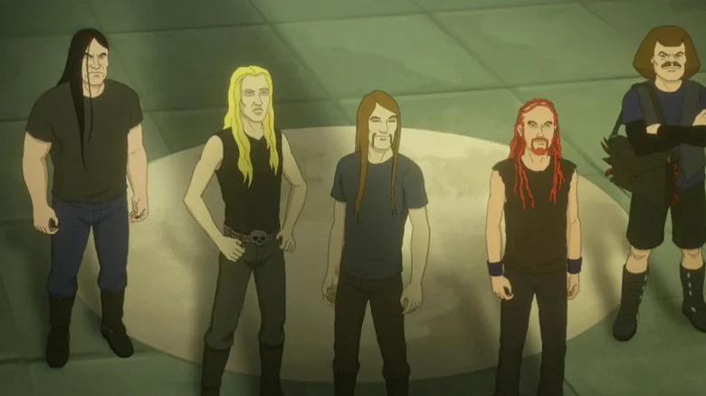 Nathan Explosion, Skwisgaar Skwigelf, Toki Wartooth, Pickles, and William Murderface stand together in Metalocalypse