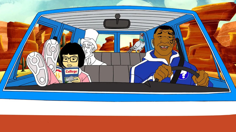 Mike Tyson drives a car while Yung Hee Tyson reads a college guide and the Marquess of Queensberry and Pigeon sit in the backseat in Mike Tyson Mysteries