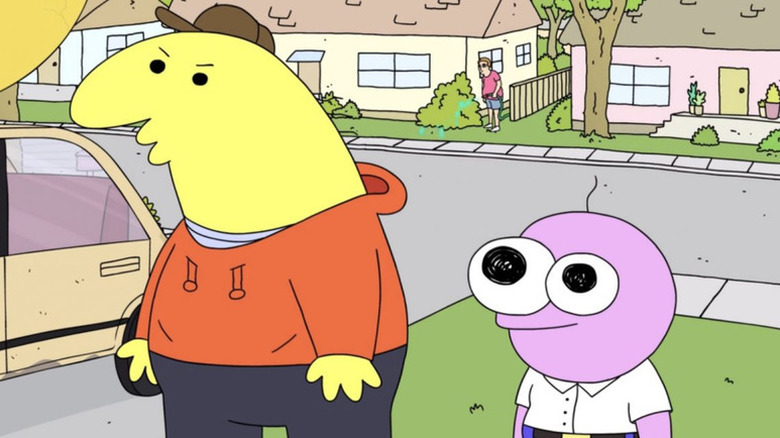 Charlie Dompler and Pim Pimling stand next to each other in a neighborhood in Smiling Friends