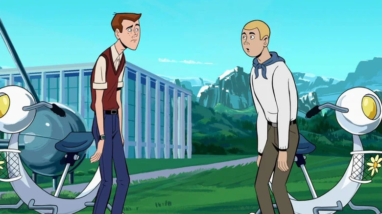 Hank Venture and Dean Venture face each other outside a lab in The Venture Bros.: Radiant Is the Blood of the Baboon Heart