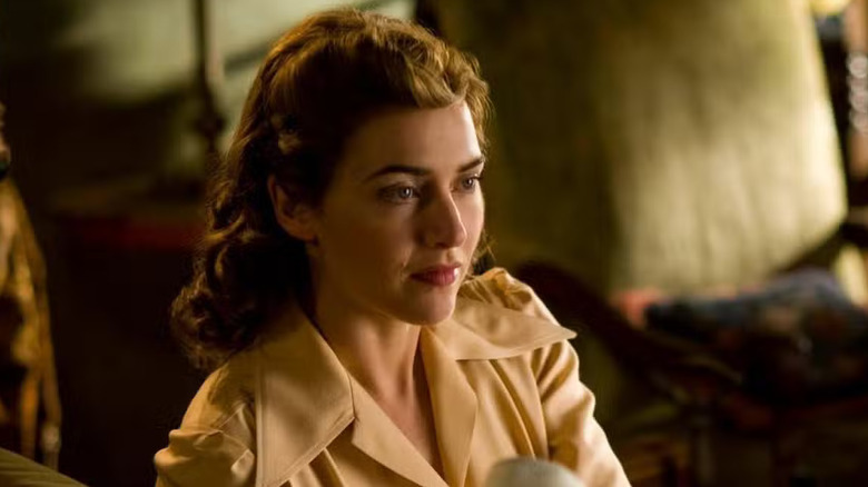 Kate Winslet as Mildred Pierce looking off camera in "Mildred Pierce."