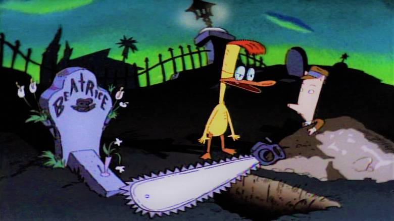 Duckman, with Cornfed, attempts to dig up his late wife's grave