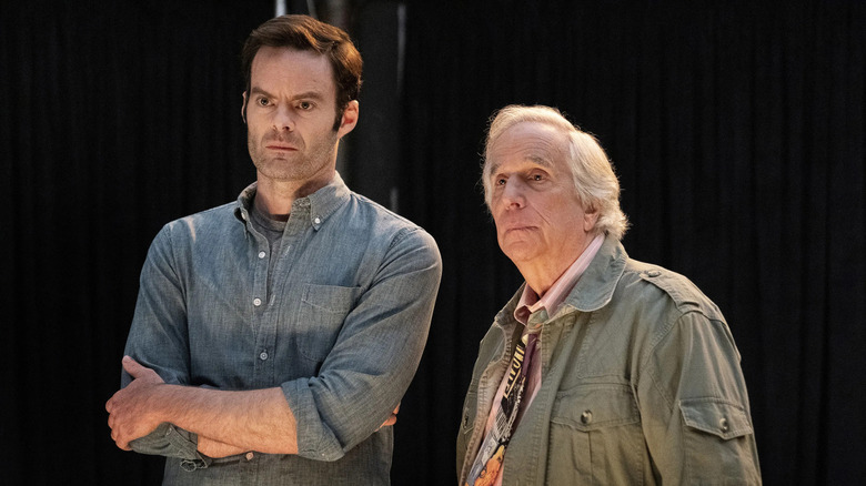 Bill Hader and Henry Winkler as Barry and Gene, standing together on a stage in Barry.