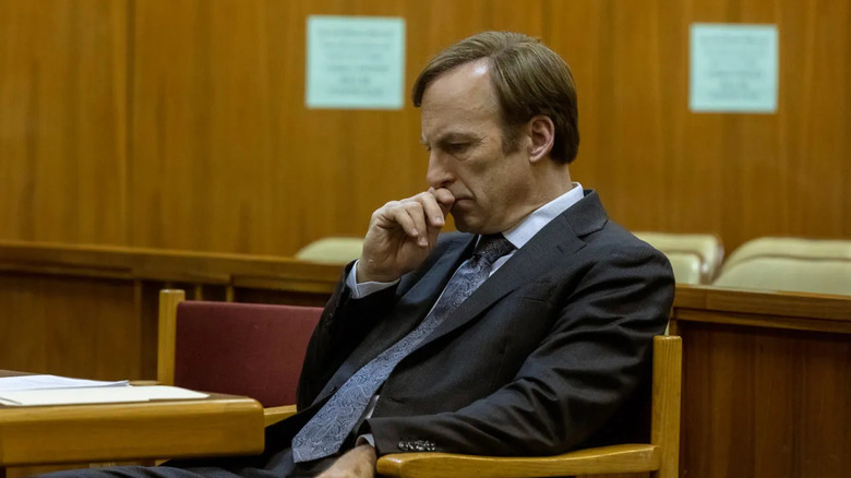 Bob Odenkirk as Jimmy McGill, looking down in a court room in Better Call Saul.