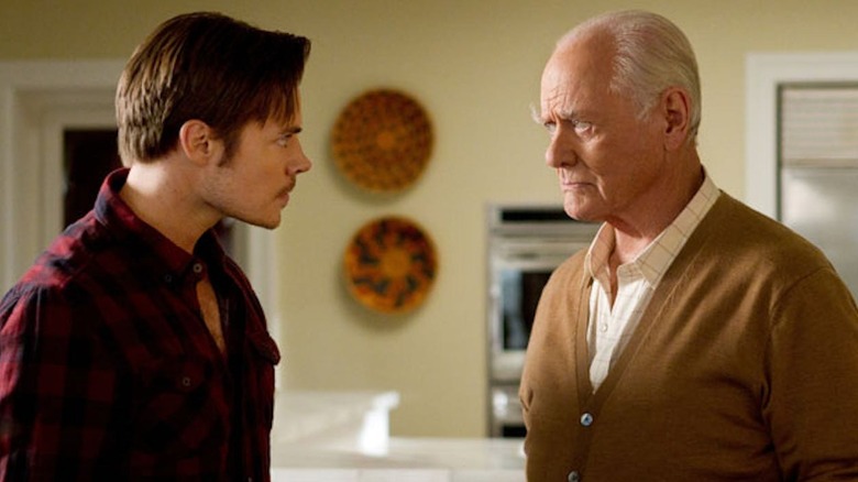 Josh Henderson as John Ross Ewing III and Larry Hagman as J.R. Ewing, coming face to face in the TNT revival of Dallas.