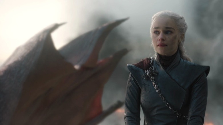 Daenerys riding Drogon with a disturbed expression on Game of Thrones S8E5