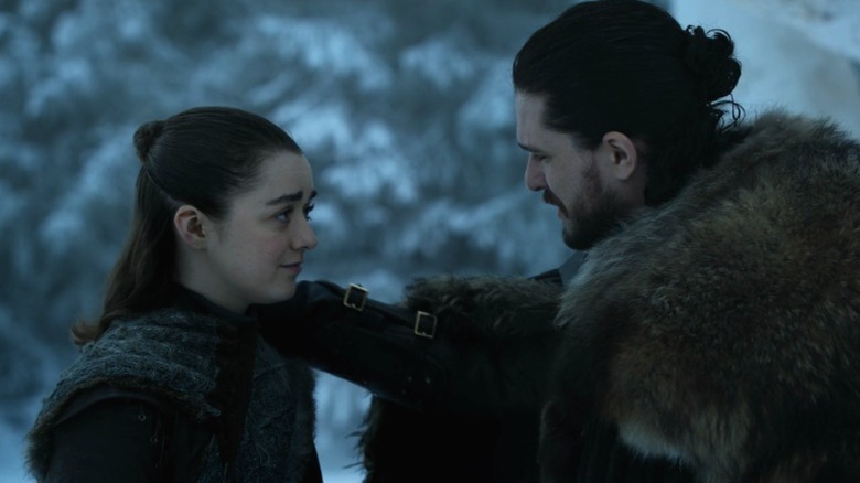 Jon putting his hand on Arya's shoulder on Game of Thrones S8E1