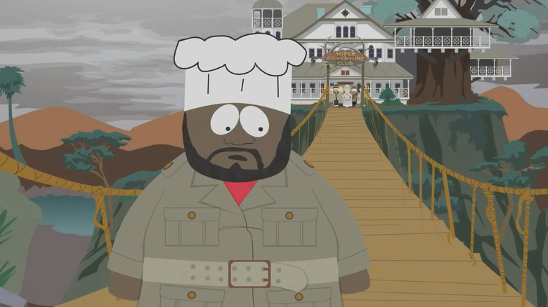 Chef (Isaac Hayes) stands on a rope bridge in South Park