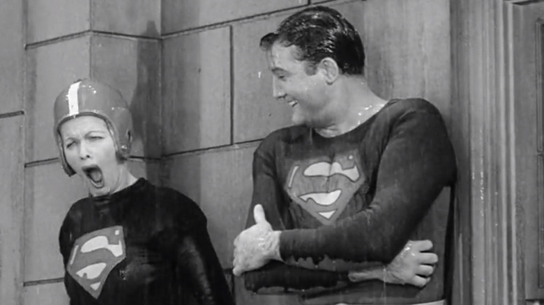 Superman stands on the ledge with Lucy in "I Love Lucy"