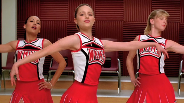Santana, Quinn and Brittany dance in WMHS red-and-white cheerleader outfits