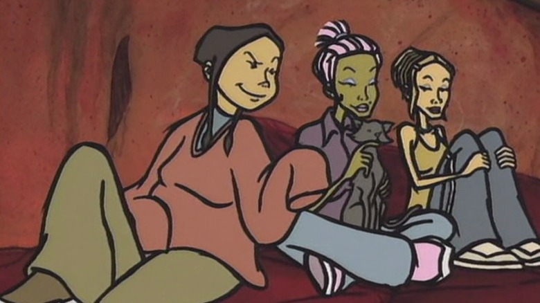 Jen, Mecca, and Chaka sitting side by side on Downtown S1E1