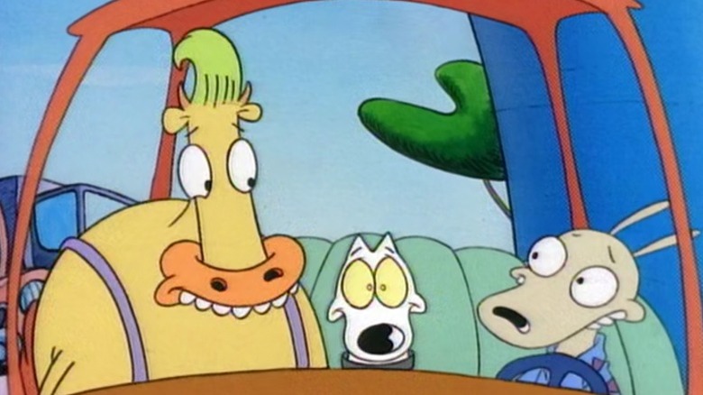 Heffer, Spunky, and Rocko sitting in the car on Rocko's Modern Life S1E1