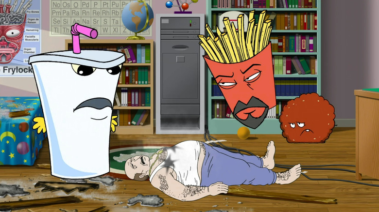 Master Shake, Carl, Frylock, and Meatwad in a bedroom on "Aqua Teen Hunger Force."