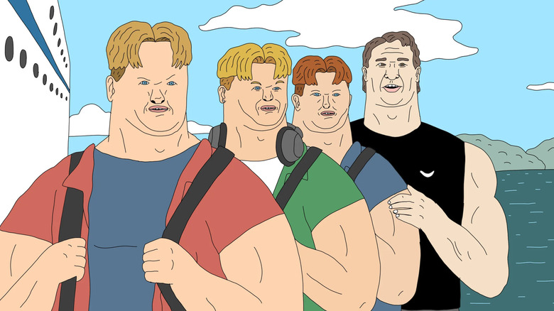 Preston, Tristan, Duncan, and Tom standing together on "Haha, You Clowns."