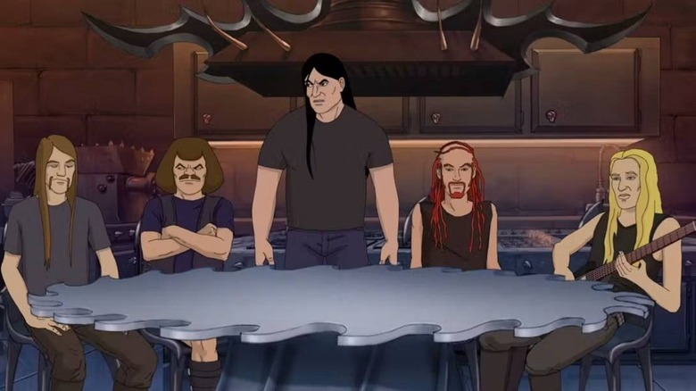 Nathan Explosion, Skwisgaar Skwigelf, Pickles, William Murderface and Toki Wartooth sitting at table on "Metalocalypse."