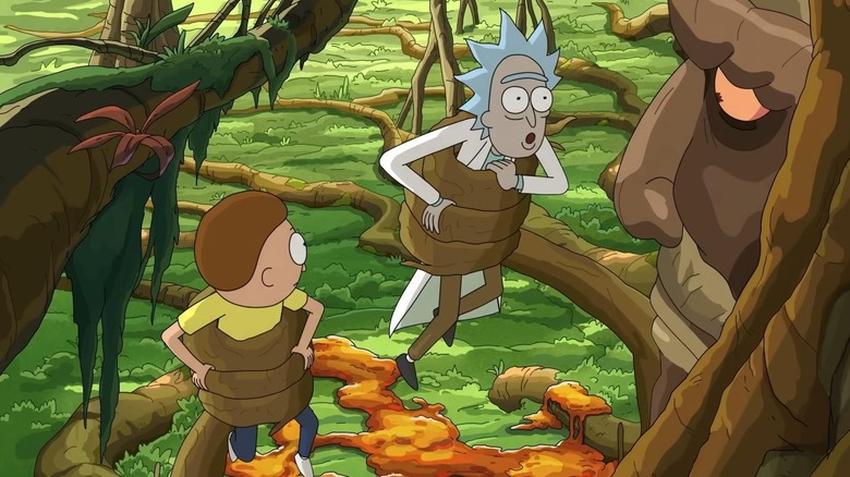 Rick and Morty being held by tree monster on "Rick and Morty."
