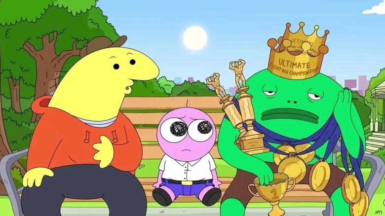 Charlie, Pim, and Mr. Frog sitting on a park bench on "Smiling Friends."
