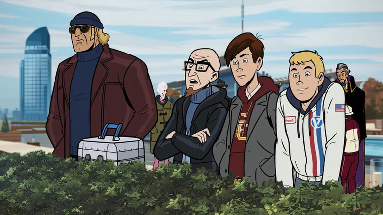 Brock, Dean, Hank, and Rusty standing together on "The Venture Bros."