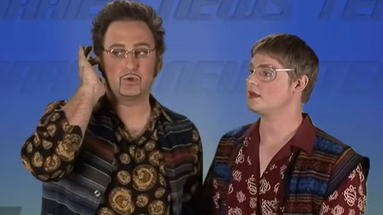 Tim Heidecker and Eric Wareheim standing together on "Tim and Eric Awesome Show, Great Job!"