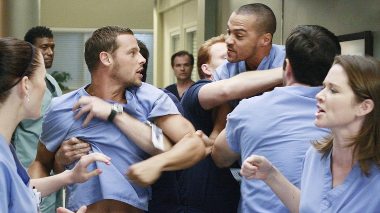 Alex (Justin Chambers), Jackson (Jesse Williams), and the other residents and interns fighting on Grey's Anatomy
