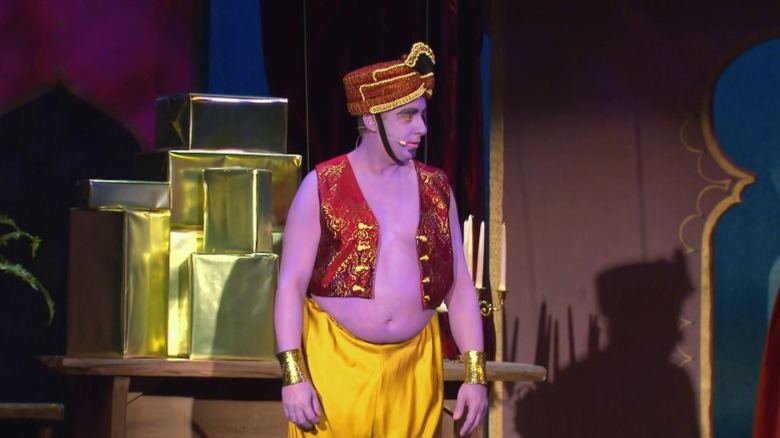 Joe dressed as a genie in a stage play on Impractical Jokers S6E18