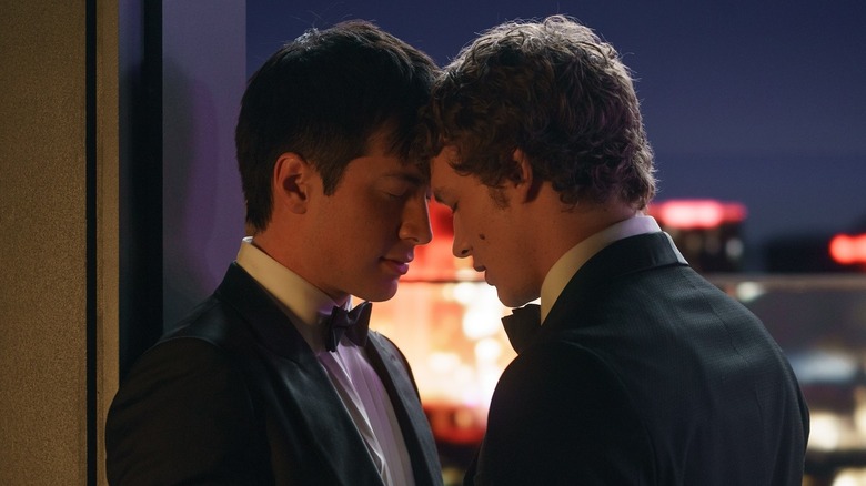 Hudson Williams and Connor Storrie as Shane and Ilya in Heated Rivalry