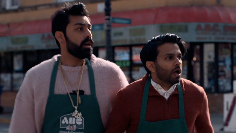 Saagar Shaikh and Asif Ali as Raj and Mir standing outside a deli looking shocked in Deli Boys