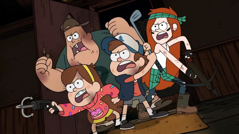 Mabel, Soos, Dipper, and Wendy bruised and wielding weapons in Gravity Falls
