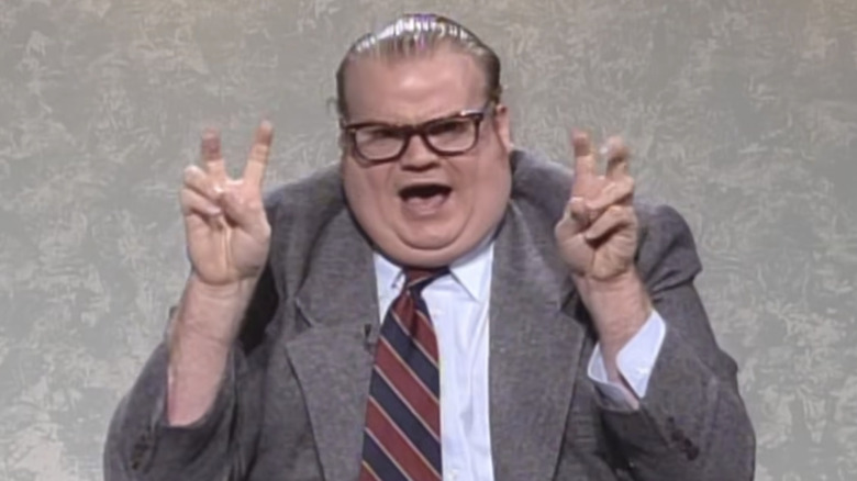 Chris Farley as Bennett Brauer making air quotes on SNL