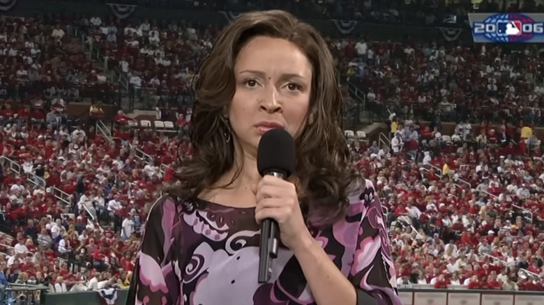 Maya Rudolph looking serious singing the national anthem on SNL