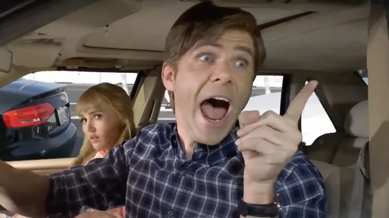 Mikey Day as a father yelling in a car next to Chloe Fineman as his daughter on SNL