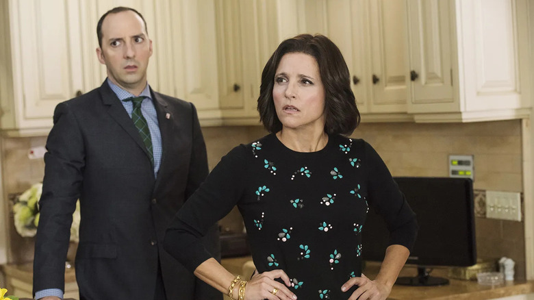 Julia Louis-Dreyfus as Selina Meyer and Tony Hale as Gary Walsh standing in a kitchen with concerned and anxious expressions in a scene from "Veep."