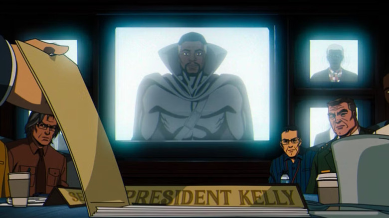 King T'Chaka, the Black Panther, appears via video link to talk with President Kelly on X-Men '97.