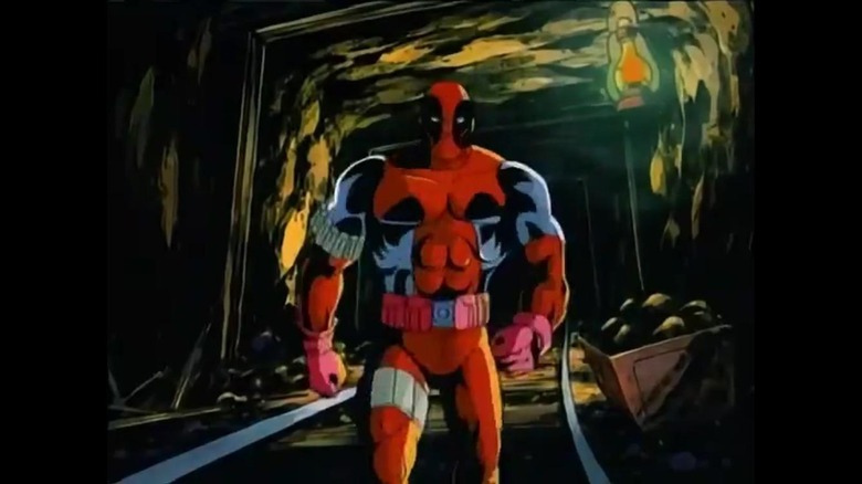 Morph, disguised as Deadpool, marches down a mineshaft on X-Men: The Animated Series.