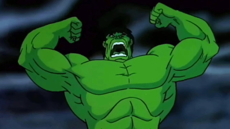 The Hulk throws his arms up and roars in anger on the animated series, The Incredible Hulk.