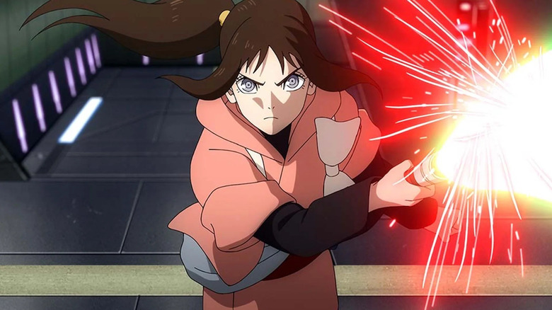 Kara storms through one of Nawaam's ships, deflecting blaster bolts with her lightsaber, in "Star Wars: Visions Presents — The Ninth Jedi" (2026)