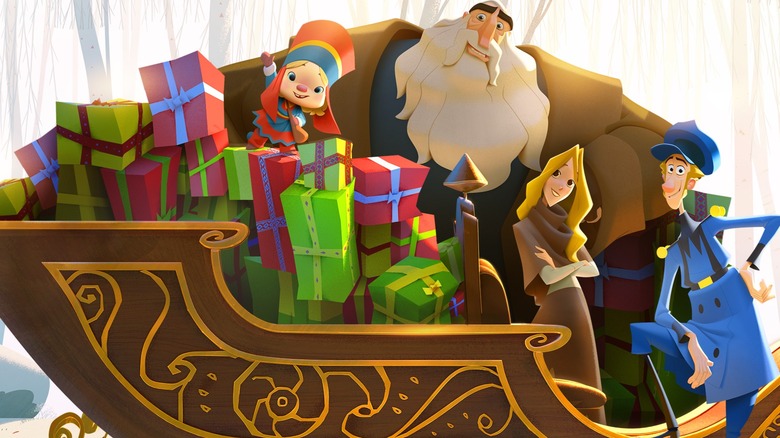 "Klaus" characters on a sleigh filled with gifts
