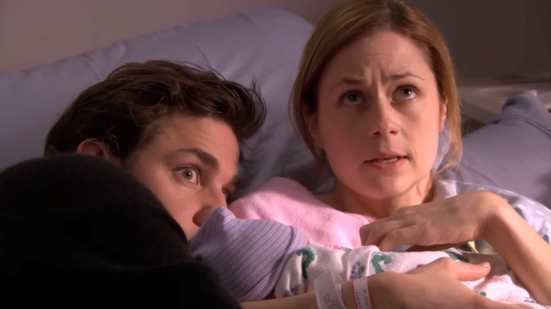 Jim and Pam moments after realizing they breastfed the wrong baby in The Office