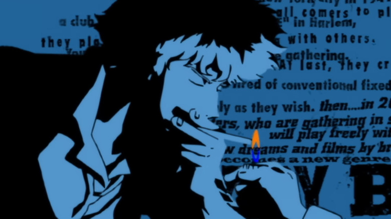 Spike lighting a cigarette in the intro sequence of Cowboy Bebop (1998)