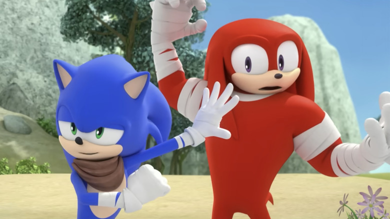 On the left is a blue anthropomorphic hedgehog with white gloves, green eyes, and a brown bandana around his neck. On the right is a larger red Echidna with purple eyes who has white wraps around his wrists, hands, and fingers.