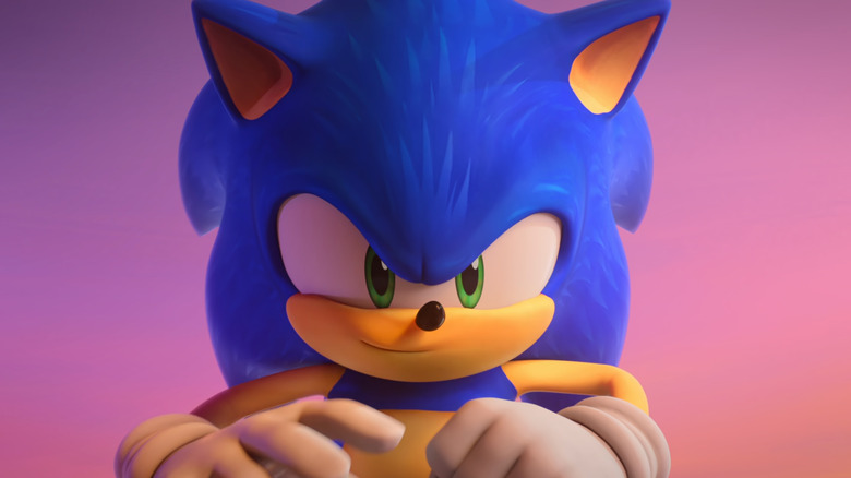 An anthropomorphic blue hedgehog with green eyes wearing white gloves stares at the camera.