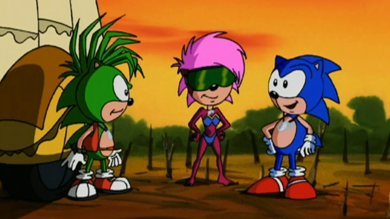 On the left is a green anthropomorphic hedgehog in a brown vest. In the middle is a pink anthropomorphic hedgehog with green sunglasses and a blue/purple bodysuit. On the right is a blue anthropomorphic hedgehog with white gloves and red shoes.