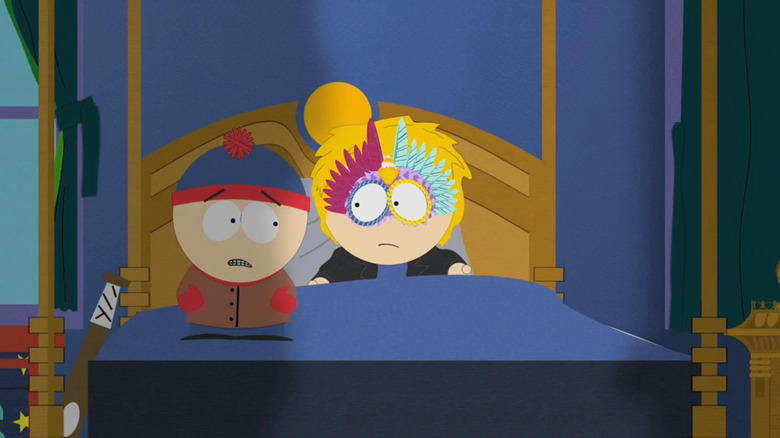 South Park, Kenny wearing mask, sitting in bed while Stan talks to him