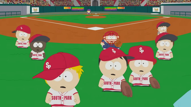 South Park, the kids in their baseball uniforms, Kenny at the front