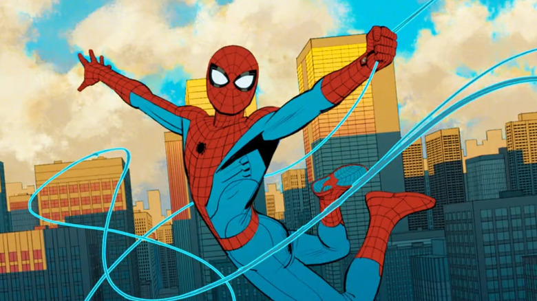 Spider-Man swinging on a blue web through the New York skyline.
