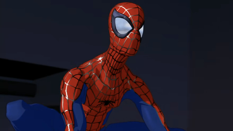 Spider-Man wearing a red and blue costume, with black-rimmed white lenses and a black spider logo on his chest.
