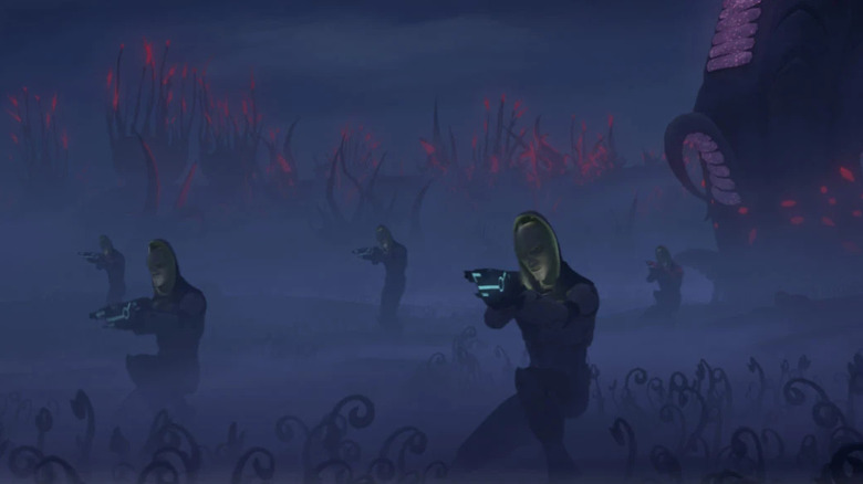 Umbaran soldiers move through the darkness of Umbara on Star Wars: The Clone Wars.